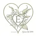 heart made with simple lily of the valley with initial E and date 02.05.24 in the outline of the heart tattoo design idea