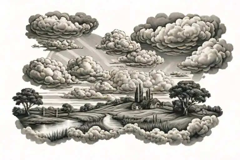 clouds and country landscape tattoo design idea