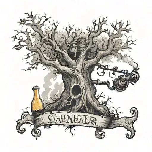 A tree with branches shaped like smoking pipes and beer bottles intertwined with the client's child's name tattoo design idea