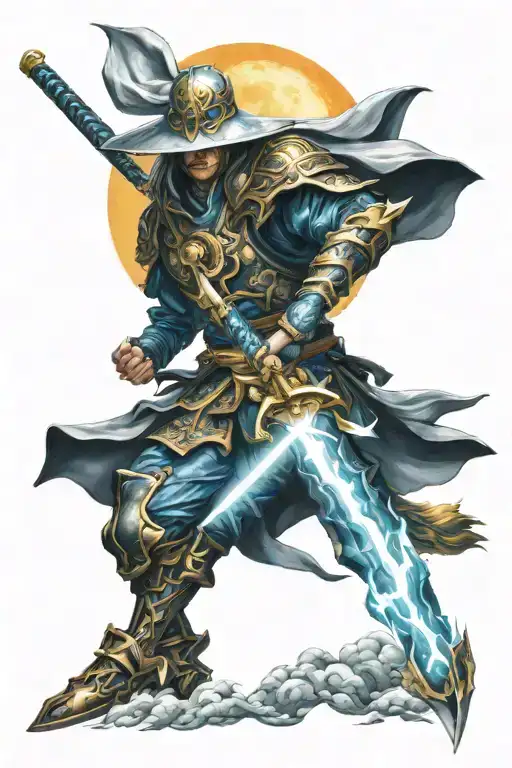 Raiden Shogun sword weapon, lightning and with a moon tattoo design idea
