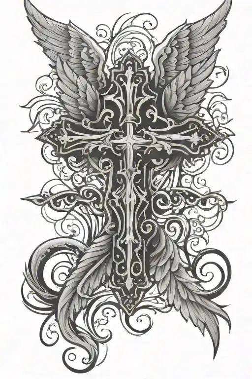 cross and wings tattoo design idea