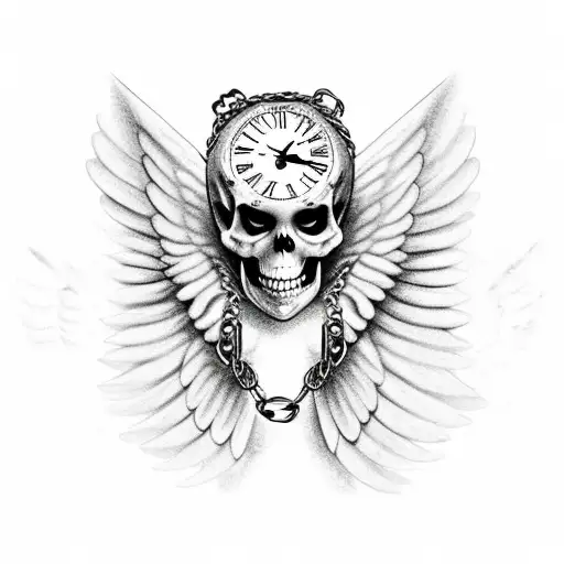 angel wing with skeleton hand wrapped in chains holding hourglass tattoo design idea