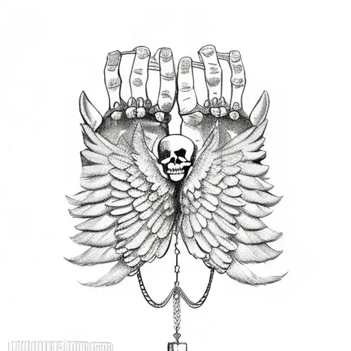 single angel wing leading to a skeleton hand wrapped in chains,  hand is holding hourglass tattoo design idea