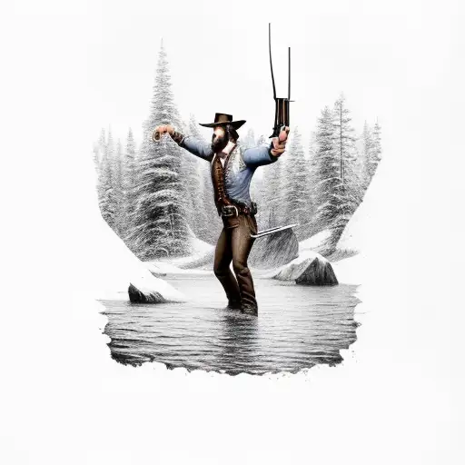 Arthur from read dead redemption standing before lake with his shotgun in his tight hand, Above him standing deer tattoo design idea