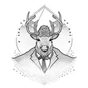 Arthur from read dead redemption standing before lake with his shotgun in his tight hand, Above him standing deer tattoo design idea