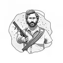 Arthur from read dead redemption standing before lake with his shotgun in his tight hand, Above him standing deer tattoo design idea