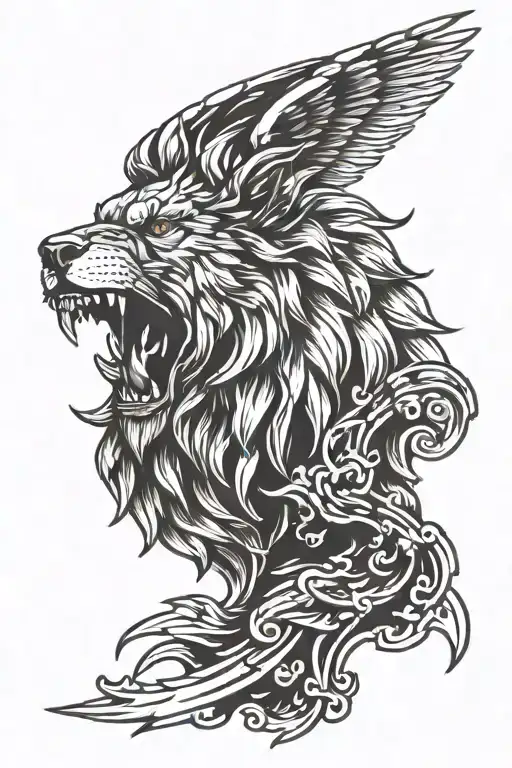 roaring lion head, howling wolf, eagle with wings spread open, Full back tattoo design tattoo design idea
