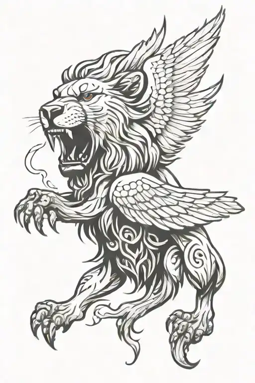 Neotrad tattoo style, roaring lion head, howling wolf, eagle with wings spread open, Full back tattoo design tattoo design idea