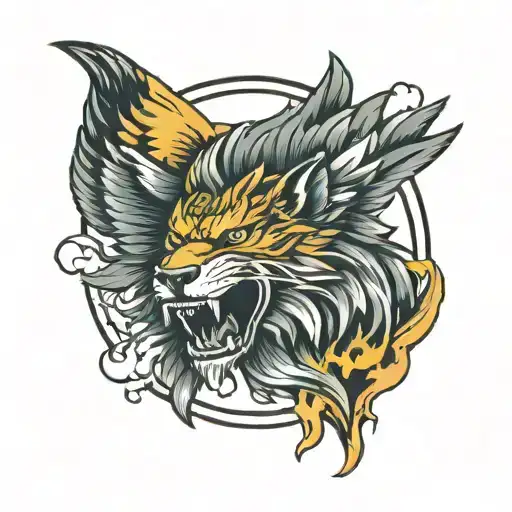 roaring lion head, howling wolf, eagle with wings spread open tattoo design idea
