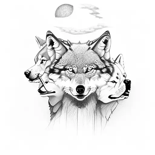 north american indian woman with 3 wolfs, black and white tattoo design idea