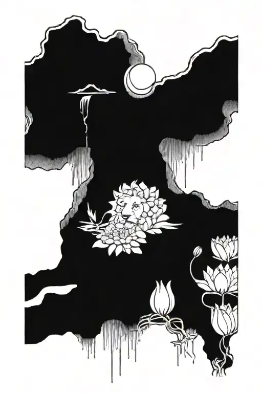 lion, Lotus flower, waterfall, "in den quete est potenta",1953, Mountains  tattoo design idea