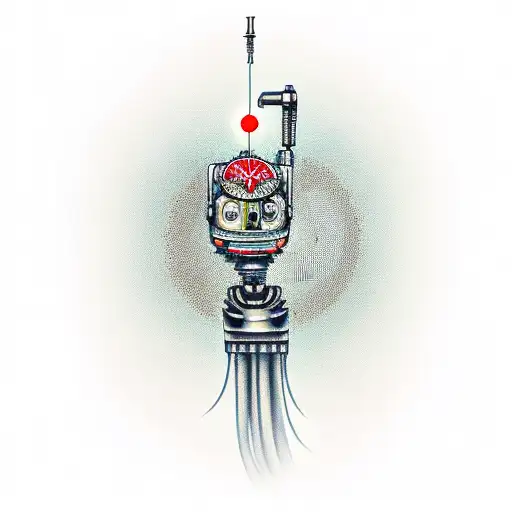 A robot arm with intricate mechanical details holding a car audio amplifier tattoo design idea