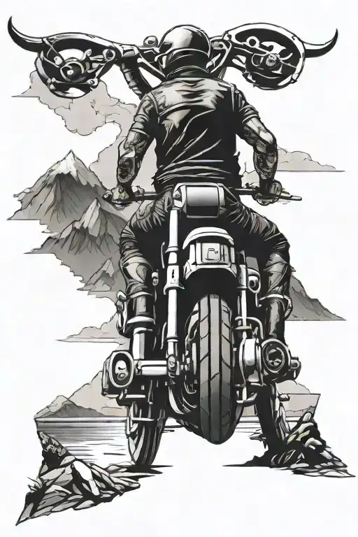 the back of a chopper bike riding on a road between mountains and sea tattoo design idea