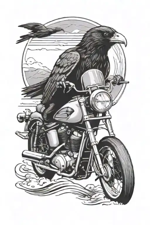 Create a black-grey tattoo of a bobber bike cruising along a road with a backdrop of sea and mountains, with a crow soaring above tattoo design idea