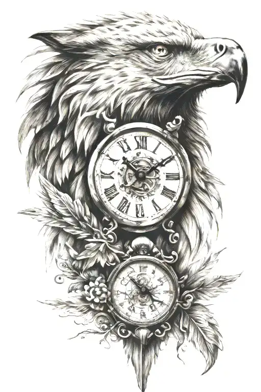 wolf, eagle, old watch tattoo design idea