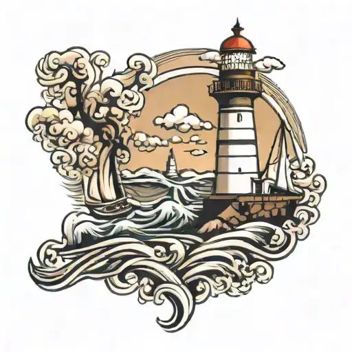 lighthouse guiding sailboat wind sea tattoo design idea