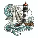 lighthouse guiding sailboat wind sea tattoo design idea