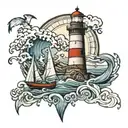lighthouse guiding sailboat wind sea tattoo design idea