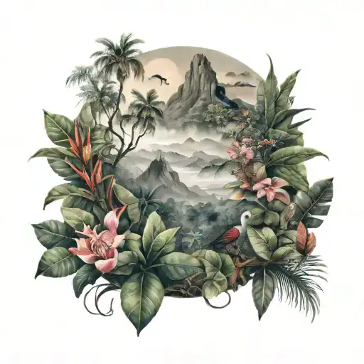 misty jungle with tropical flowers and mountains in the background include a bird and snake  tattoo design idea