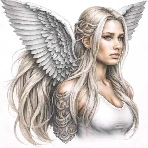 horse Angel wings girl with long blonde hair black and white tattoo design idea