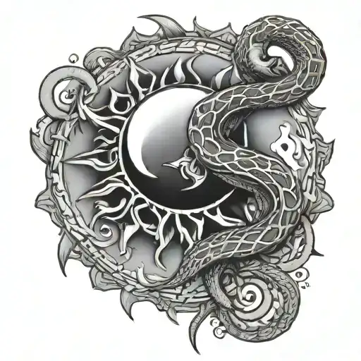 snake sun and moon tattoo design idea