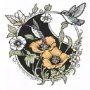 California poppies flowers, hummingbird, lily pads tattoo design idea