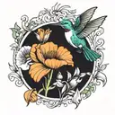 California poppies flowers, hummingbird, lily pads tattoo design idea
