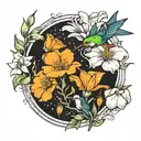 California poppies flowers, hummingbird, lily pads tattoo design idea