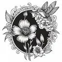 California poppies flowers, hummingbird, lily pads tattoo design idea