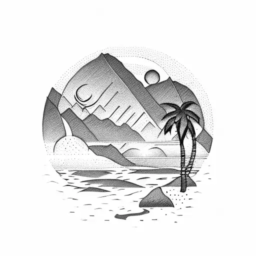 A dotwork design of a serene beach scene with palm trees, mountains, and a setting sun tattoo design idea