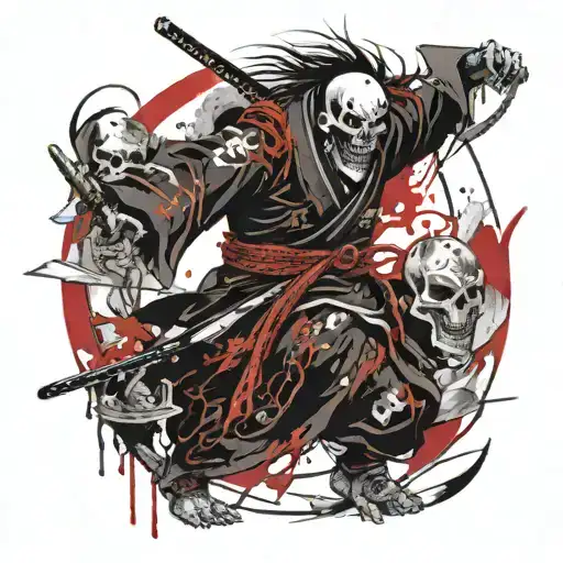 a Japanese shinigami hovering  over a rough samurai  tattoo design idea