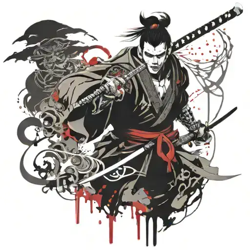 a Japanese shinigami powering  a rough samurai tattoo design idea