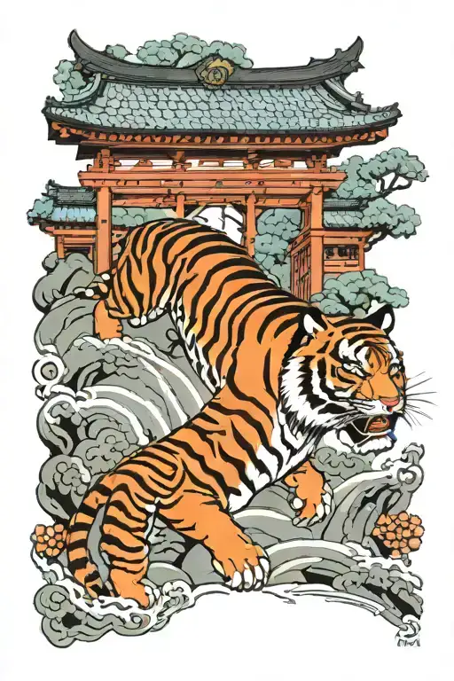 tiger walking through tori gate tattoo design idea