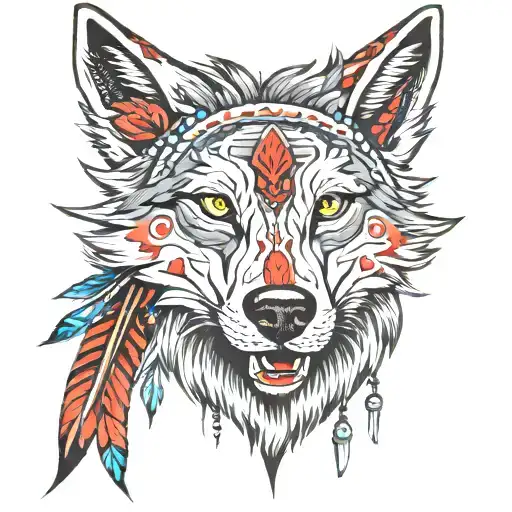 wolf head with indian ballsticks  tattoo design idea