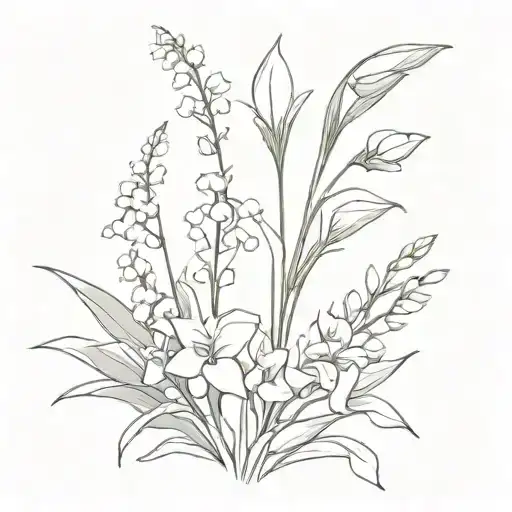 Lily of valley, narcissus, gladiolus and aster flower bouquet tattoo design idea