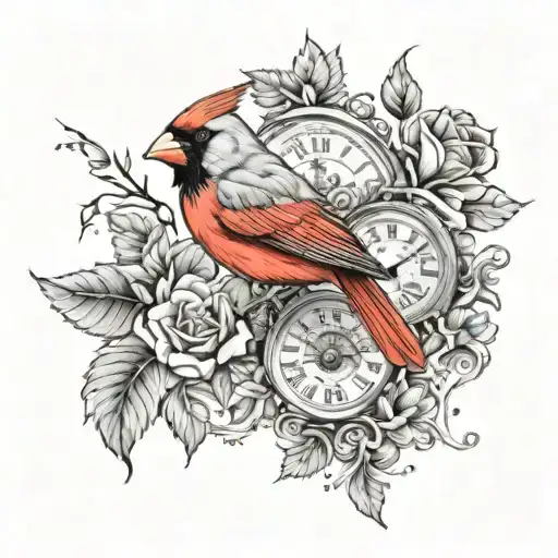 black and grey tattoo design with a cardinal holding a watchplaced on the lower right forearm tattoo design idea