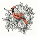 black and grey tattoo design with a cardinal holding a watchplaced on the lower right forearm tattoo design idea