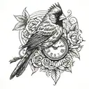 black and grey tattoo design with a cardinal holding a watchplaced on the lower right forearm tattoo design idea