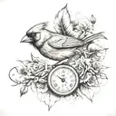 black and grey tattoo design with a cardinal holding a watchplaced on the lower right forearm tattoo design idea