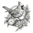 black and grey tattoo design with a cardinal holding a watchplaced on the lower right forearm tattoo design idea