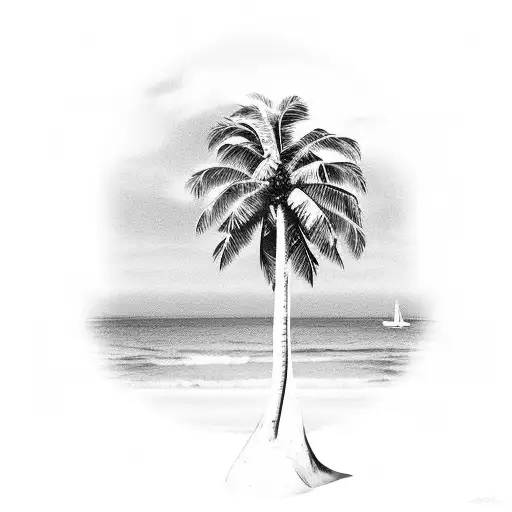 realistic beach scene with a palm tree on side tattoo design idea
