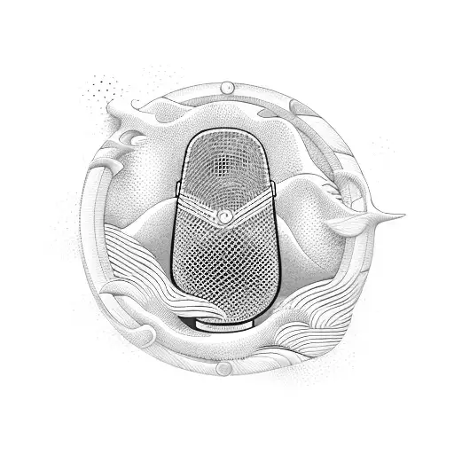 A funky and rap-inspired design featuring a stylized microphone surrounded by waves, representing the beach and music. tattoo design idea
