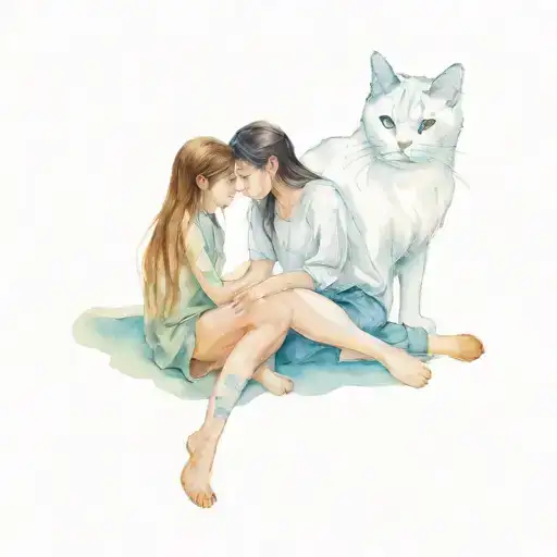 girl sitting face to face on the floor with two cats, one is very hairy and white tattoo design idea