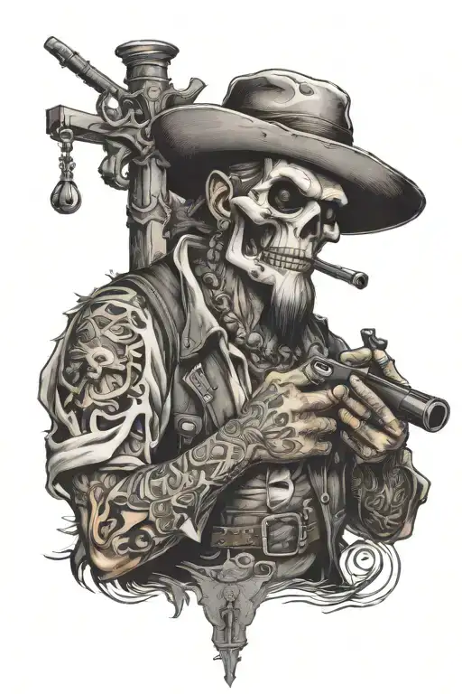 Boogieman with a gun, smoking a pipe, fishing, holding a cross tattoo design idea