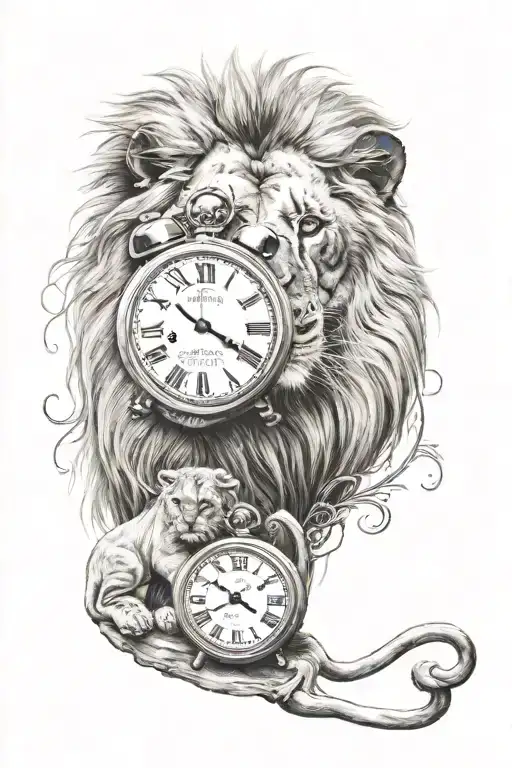 lion and his cub with a clock in the background tattoo design idea