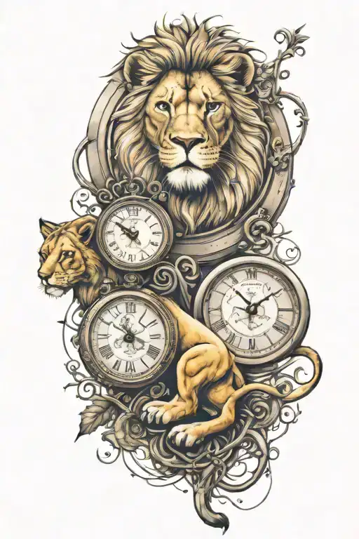 clock and lion and lion cub tattoo design idea