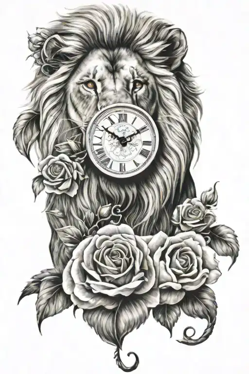 lion with a clock and roses tattoo design idea