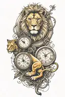 clock and lion and lion cub tattoo design idea