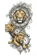 clock and lion and lion cub tattoo design idea