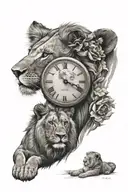 clock and lion and lion cub tattoo design idea